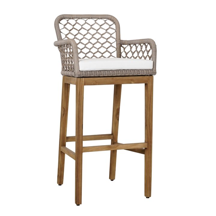 Aok 33 Inch Outdoor Barstool Chair, Gray Woven Rope, Curved Back, Brown Teak - Benzara