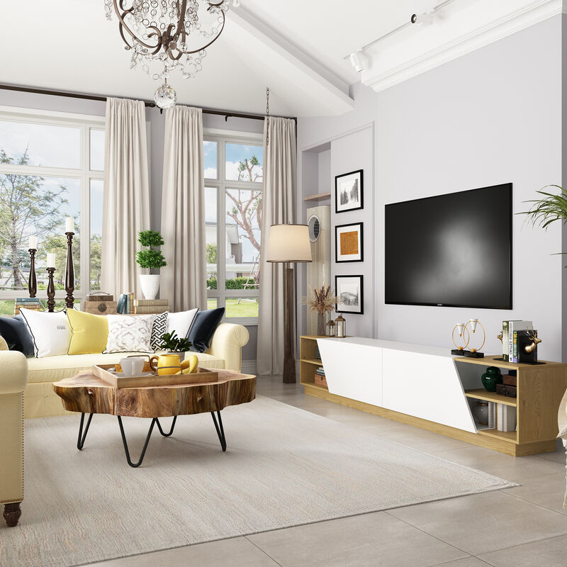 White/Oak Wood TV Media Console Entertainment Center with Doors, Open Shelf, Cable Management, Fits TV's up to 100 in.