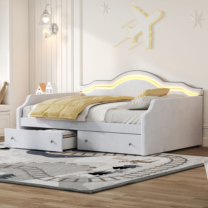 Merax Full Size Upholstered Daybed with LED and 2 Drawers