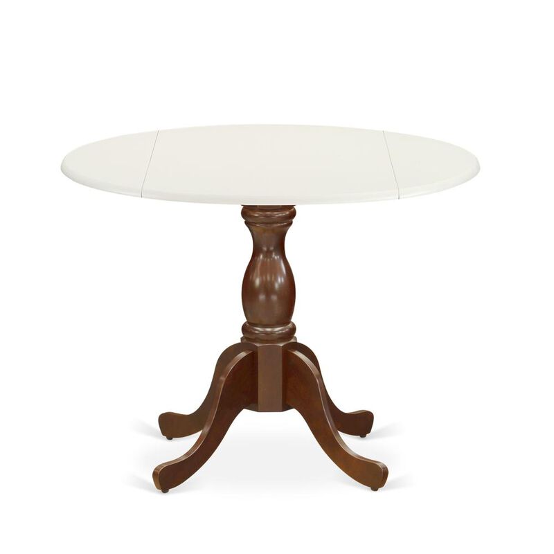 East West Furniture Modern Dining Table with Drop Leaves - Linen White Table Top and Mahogany Pedestal Leg Finish