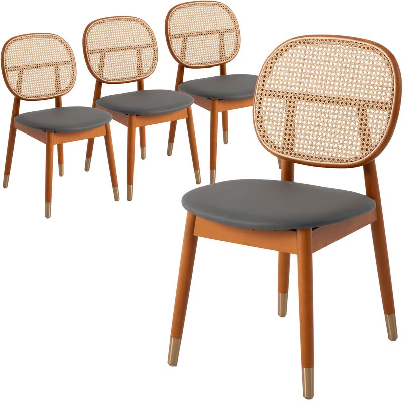 LeisureMod Holbeck Wicker Dining Chair with Upholstered Leather Seat and Beech Wood Legs, Set of 4