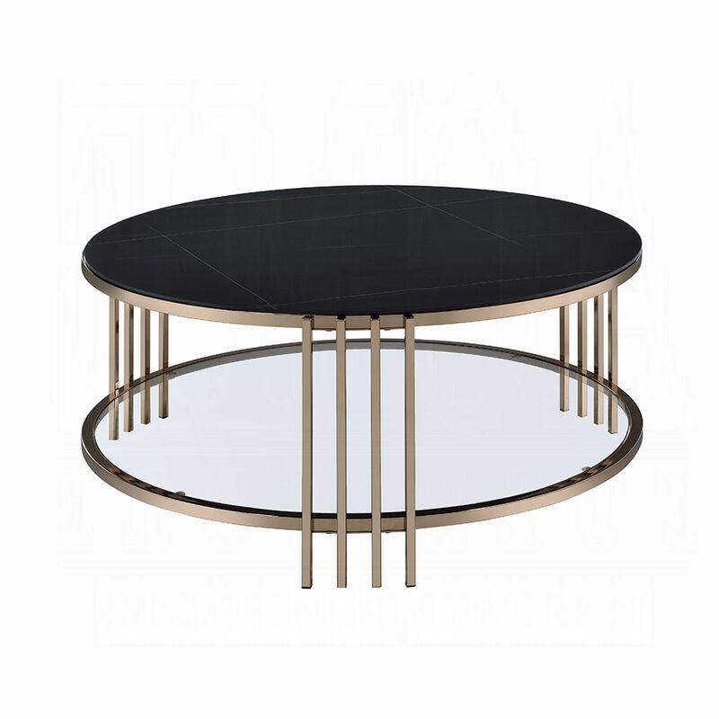 Abio Coffee Table, 35 Inch, Round Sintered Stone Top, Black and Gold