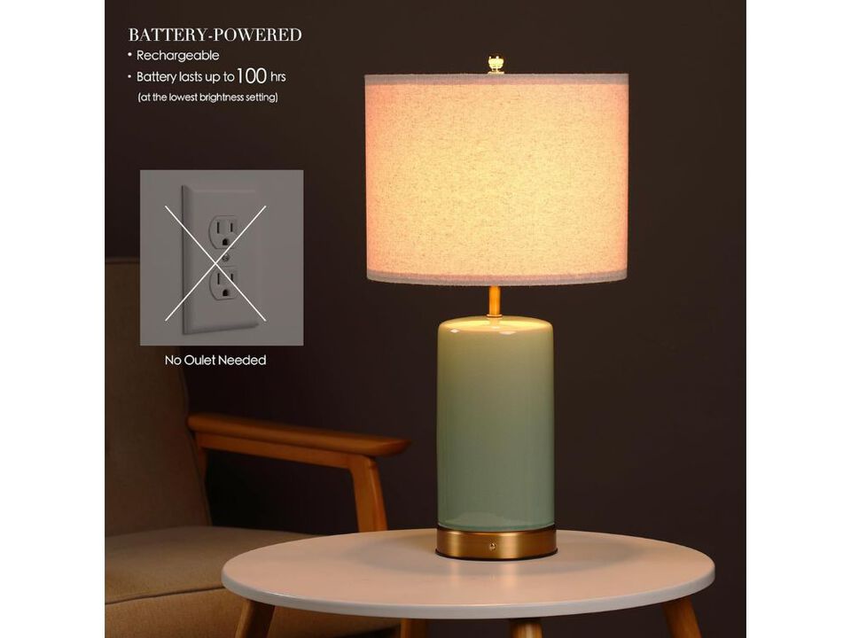 Battery Powered Table Lamp, Rechargeable Cordless Ceramic Lamp, Full-Size 24 Inch Height, 4-Level Dimming, Smart Safety Protection, Type-C Fast Charging, LED Bulb Included, Sage Green