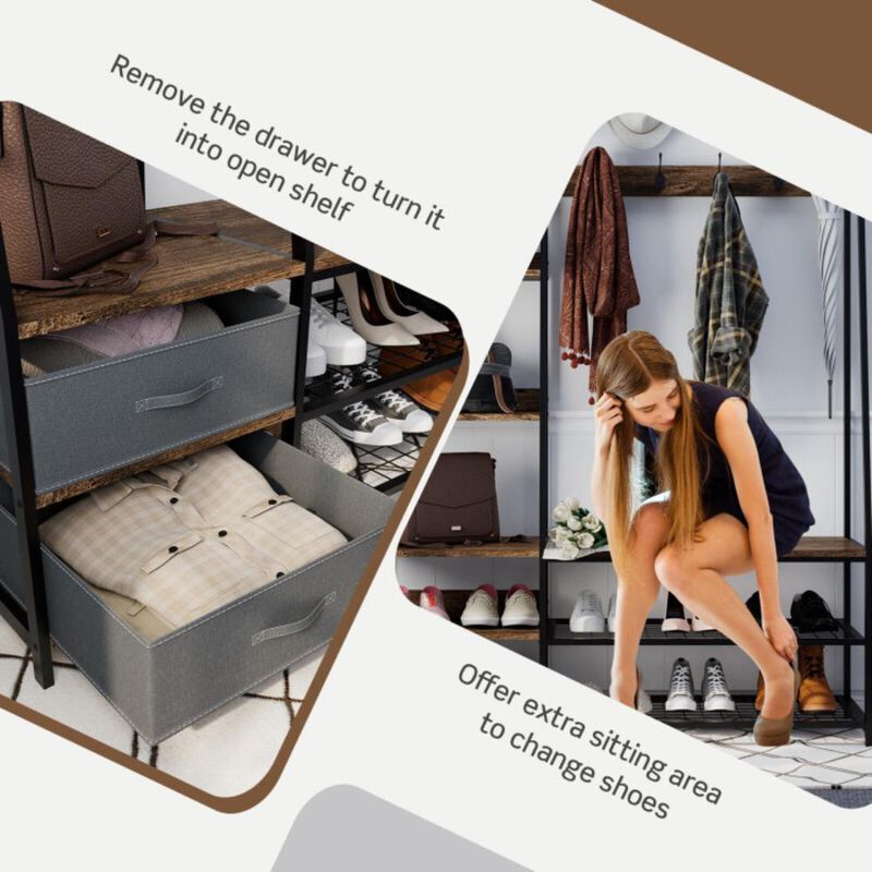 Hivvago 6-in-1 Freestanding Hall Tree Coat Rack with Bench and Fabric Dressers