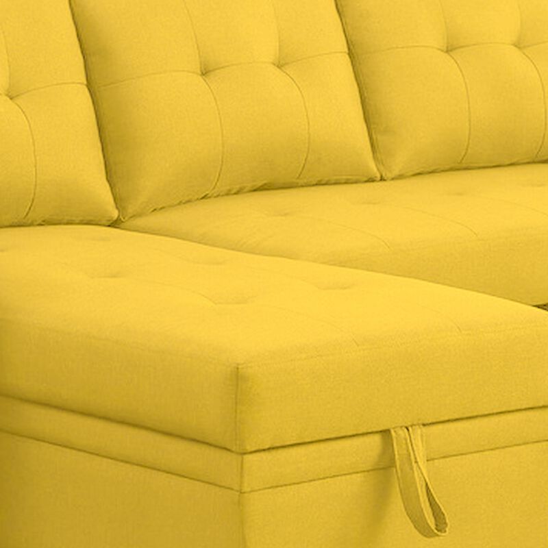 Elliot 84 Inch Sleeper Sectional Sofa with Storage Chaise, Yellow Fabric-Benzara image number 2
