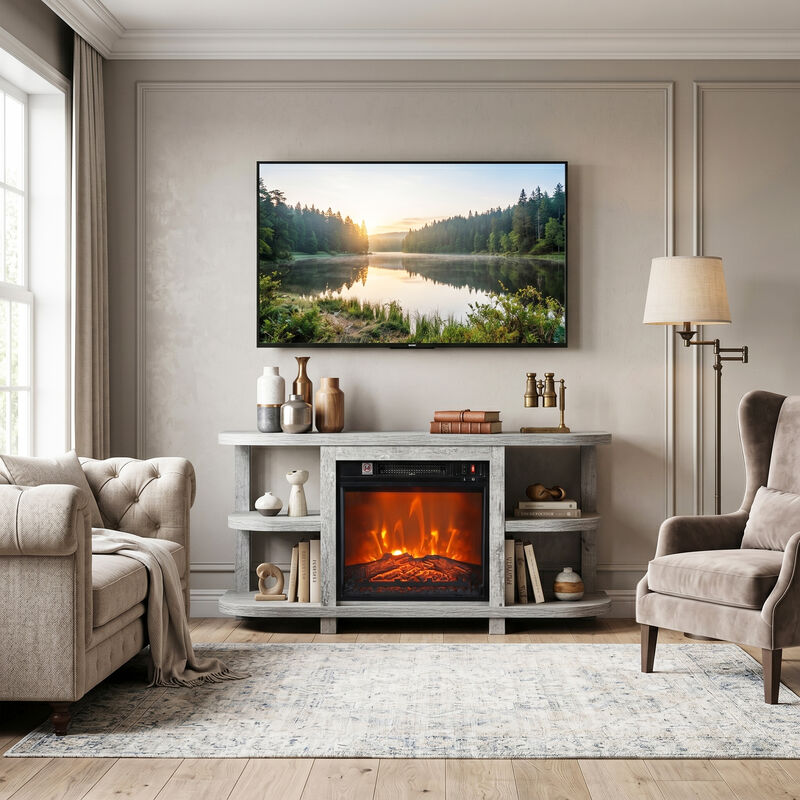 48" Light Gray TV Stand with 18" Insert Electric Fireplace and Open Storage Shelves Media Console for TVs up to 55" image number 2