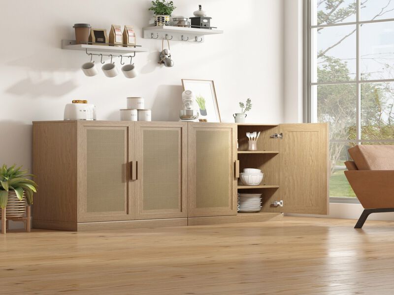 2-Piece Modern Minimalist Wicker Door Wood Grain Edge Cabinet, Multifunctional Storage with 3 Layers of Shelves