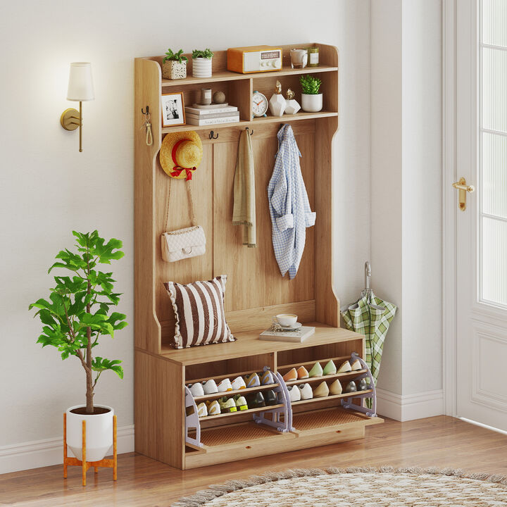 4-In-1 Mudroom Hall Tree with Coat Rack and Flip-Open Storage Drawers