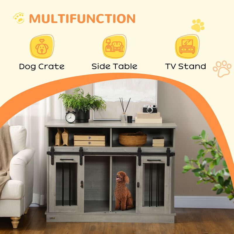 Gray Pet Furniture: Large Dog Crate with Shelves & Sliding Doors