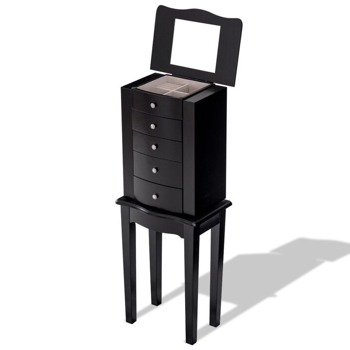 Hivvago Black Wood 5-Drawer Jewelry Chest Storage Chest Cabinet with Mirror