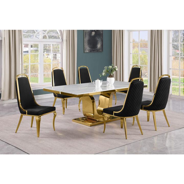 7pc Large(76") marble top dining set with gold base and 6 Black side chairs