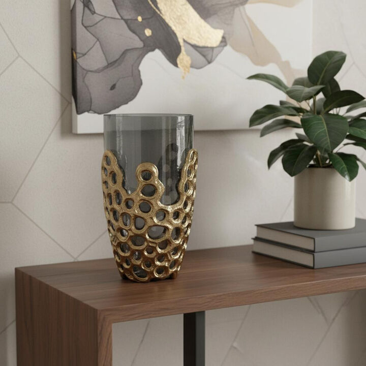 HomeRoots 11" Black And Gold Glass And Aluminum Geo Circles Table Vase