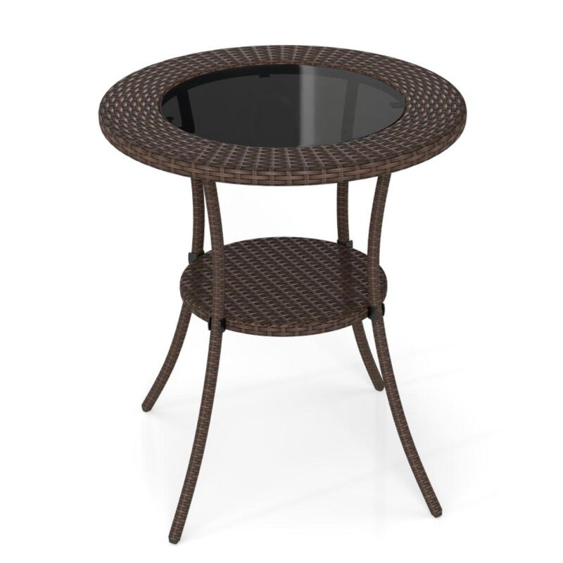 Hivvago Round Rattan Wicker Coffee Table with Lower Shelf