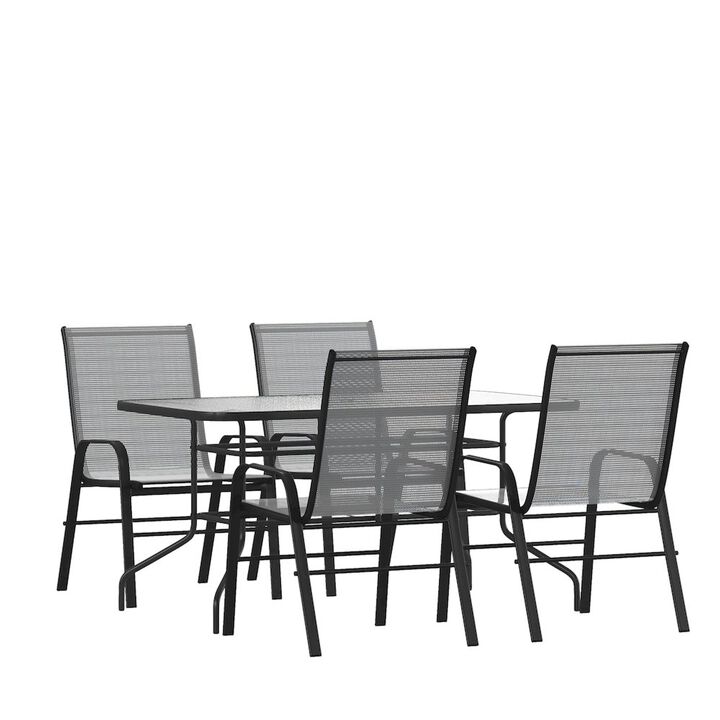 Flash Furniture 5 Piece Set - 55" Tempered Glass Patio Table, 4 Gray Stack Chairs