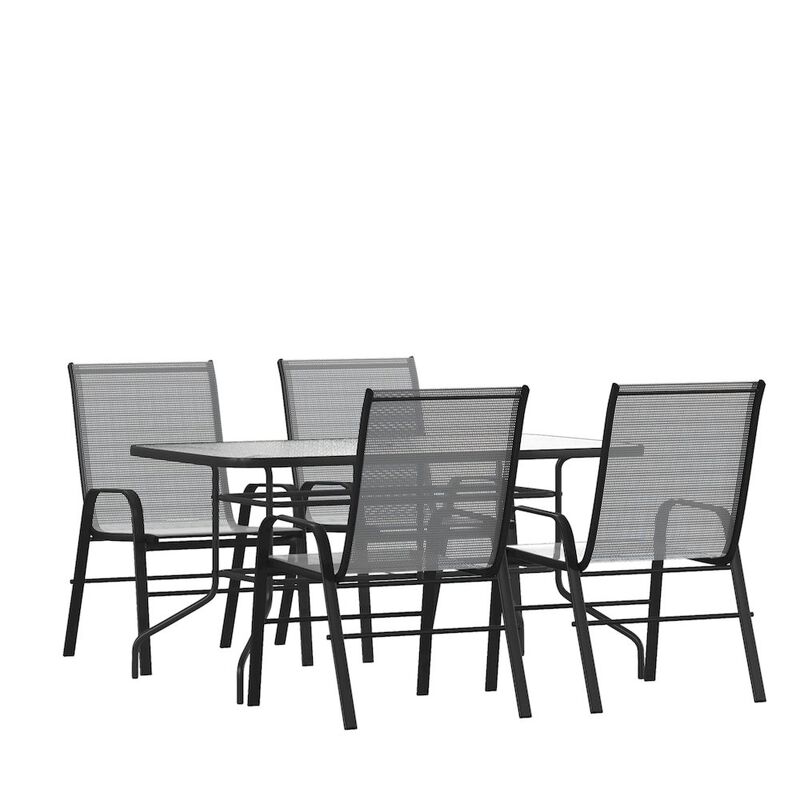Flash Furniture 5 Piece Set - 55" Tempered Glass Patio Table, 4 Gray Stack Chairs image number 0