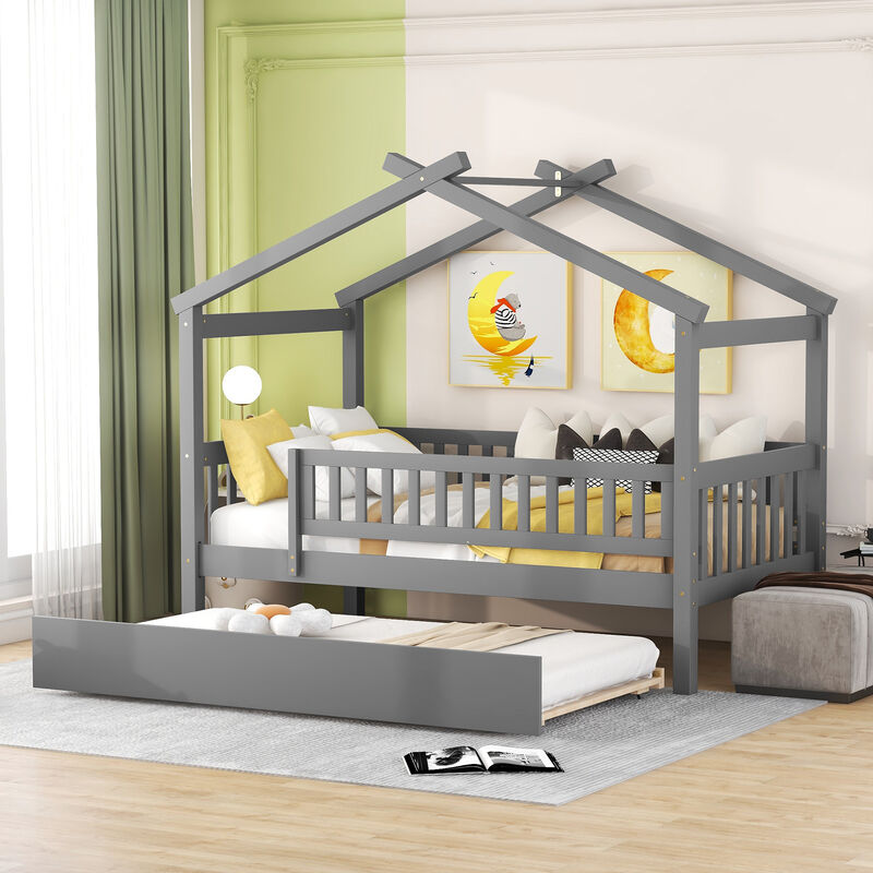Merax Twin Size Wooden House Bed with Twin Size Trundle