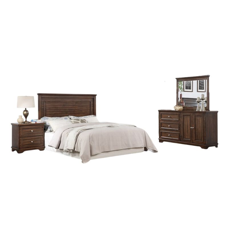 Fori 4 Piece Full Size Bedroom Set, Brown, Nightstand Dresser Mirror