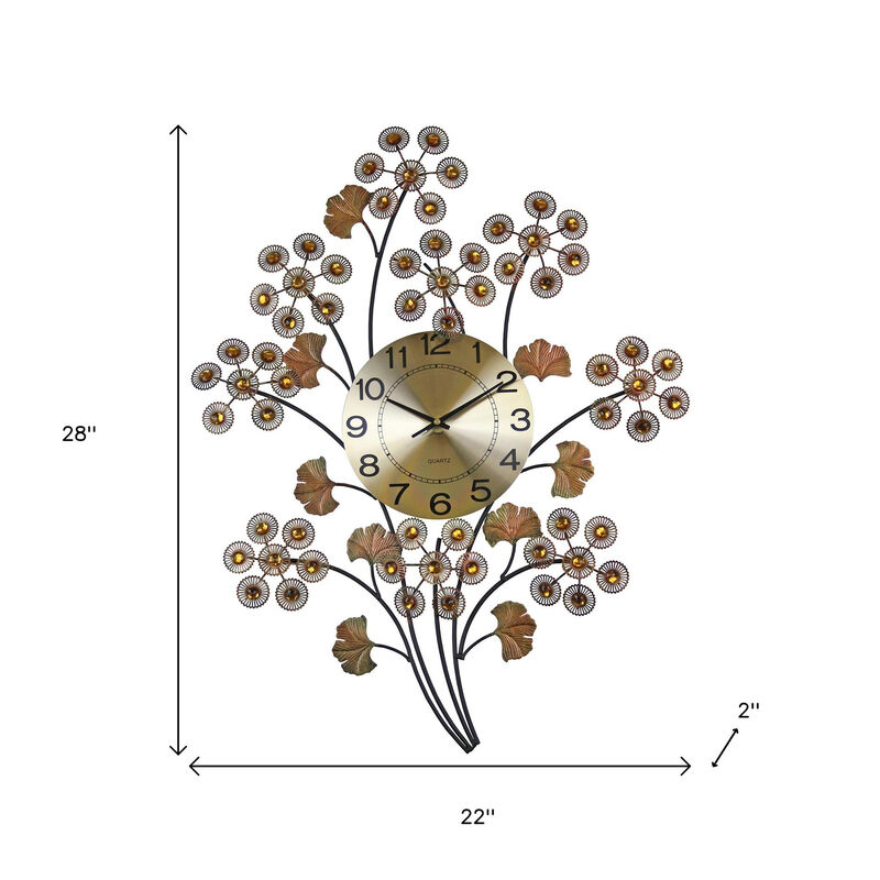 HomeRoots 22" Copper Metal And Faux Crystal Silent Analog Gingko Floral Wall Clock image number 4