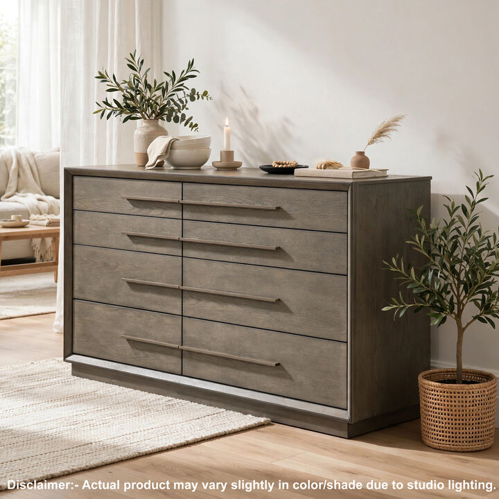 Lyni Wide Dresser, 8 Storage Drawers, Open Shelf, Taupe Oak Brown