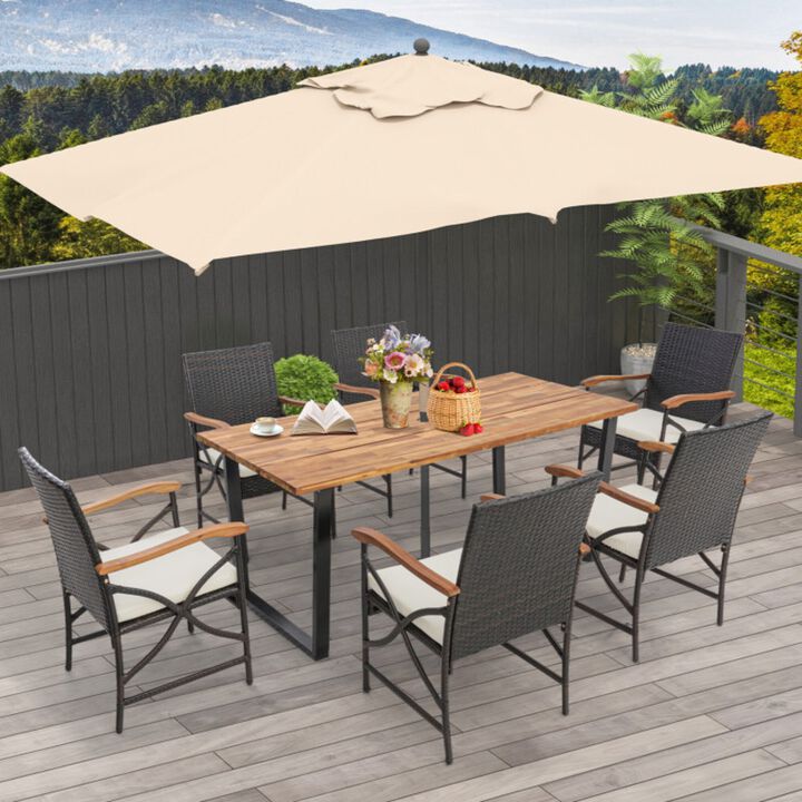Mondawe 7-Piece Patio Premium Rattan Dining Set,With Umbrella Hole Acacia Table & Plush Cushions