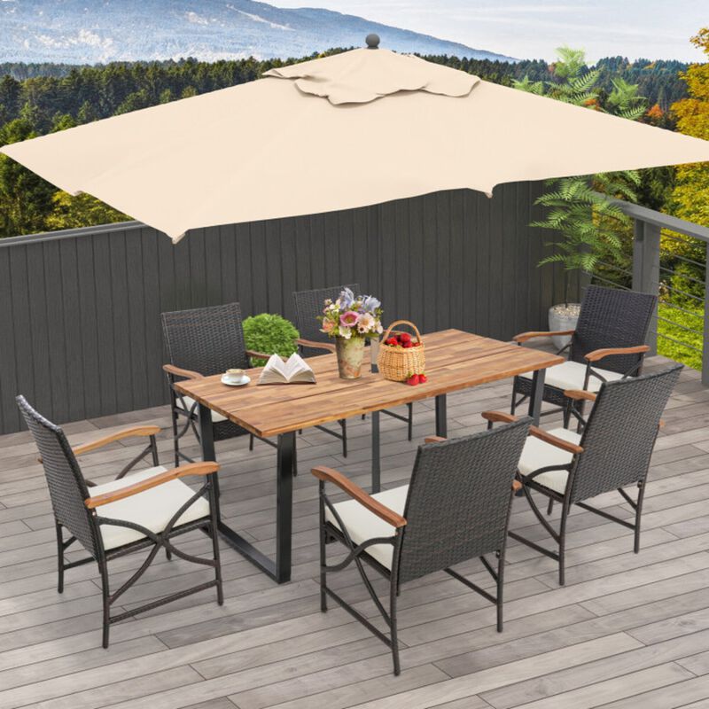 Mondawe 7-Piece Patio Premium Rattan Dining Set,With Umbrella Hole Acacia Table & Plush Cushions