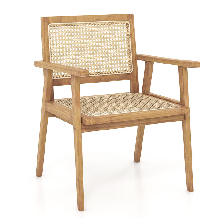 Outdoor Wood Chair with Rattan Seat and Curved Backrest for Backyard Porch Balcony