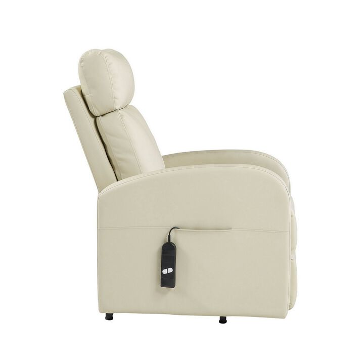 Power Lift Recliner Chair with Faux Leather and Wired Controller, Off White - Benzara