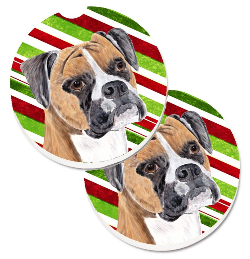 Caroline's Treasures Boxer Candy Cane Holiday Christmas Set of 2 Cup Holder Car Coasters SC9350CARC, 2.56, Multicolor image number 0