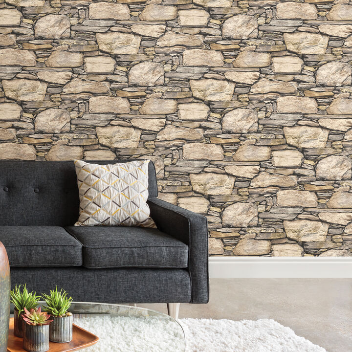 Hadrian Stone Wall Brown Texture Peel & Stick Wallpaper (Set of 2)