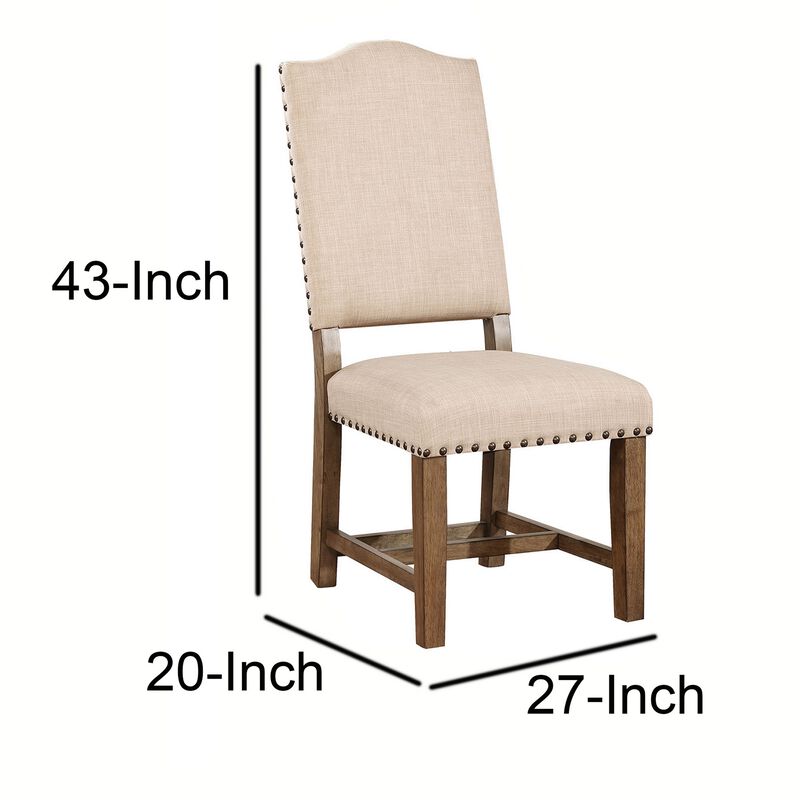 Fabric Upholstered Solid Wood Side Chair, Pack of Two, Beige and Brown-Benzara image number 4