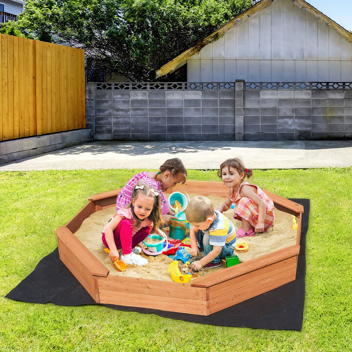 Kids Wooden Sandbox with Cover, Octagonal Sand Pit with 4 Seats & Bottom Liner