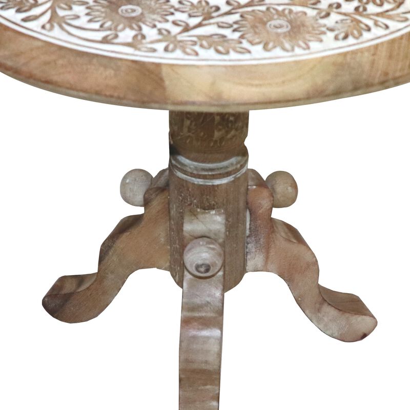 Intricately Carved Round Top Mango Wood Side End Table with Pedestal Base, Brown and White image number 2