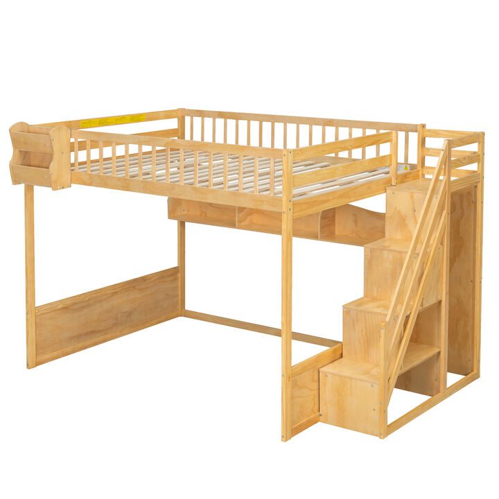 Merax Natural Wood Loft Bed with Storage Stair Wardrobe