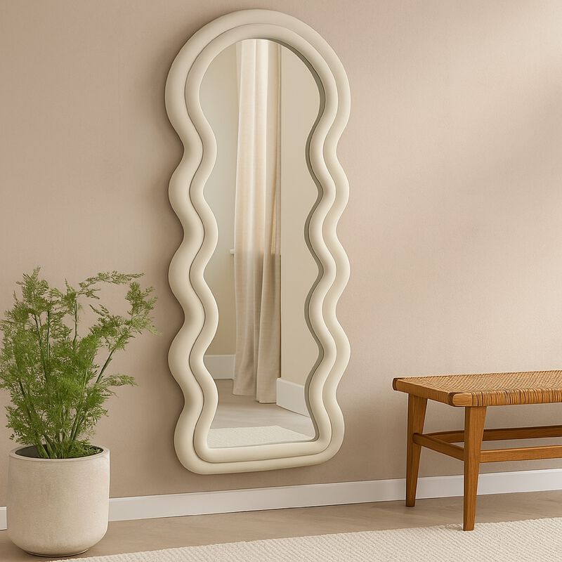 Izy Floor Mirror, 63 Inch, Light Beige Wavy Abstract Frame, Wood