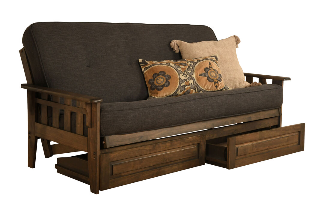 Tucson Futon in Rustic Walnut Finish with Storage Drawers and Linen Charcoal Mattress