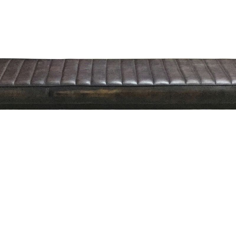Mia 54 Inch Bench, Hand Dyed Espresso Brown Leather, Vertical Tufting  - Benzara