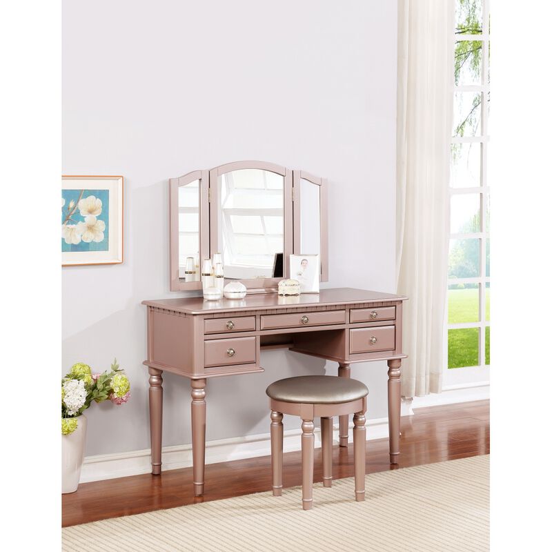 Bedroom Contemporary Vanity Set w Foldable Mirror Stool Drawers Rose Gold Color