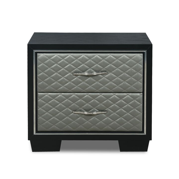 Nightstand with 2 Drawers and Upholstery, Black and Silver-Benzara
