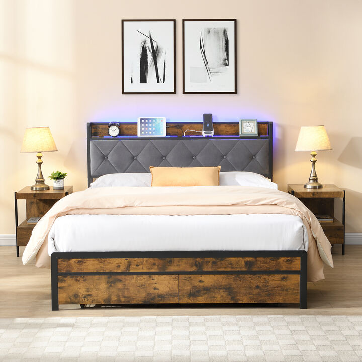 Merax  Metal Bed Frame with LED Lights, Storage & Charging Station