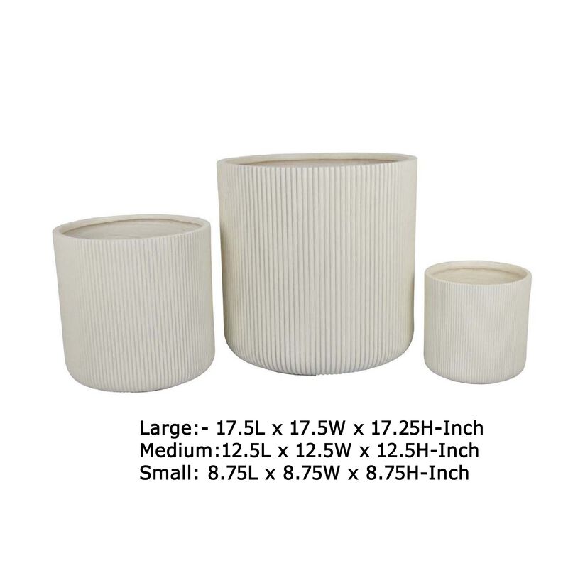 Elly Round Planter Set of 3, Vertical White Resin 18, 13, 9 Inch