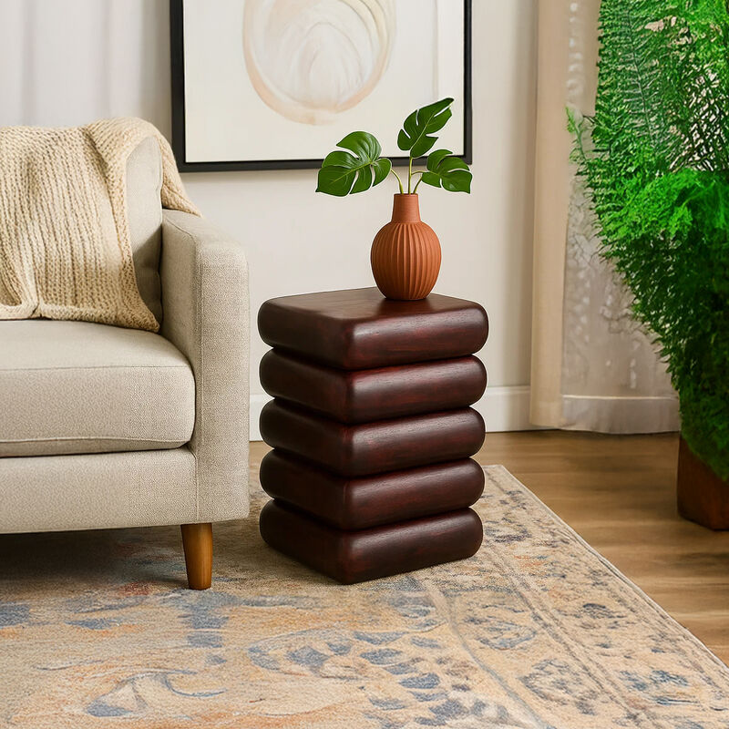 Zyra 18" Side End Table | Sculptural Stacked Design |  Dark Cherry Brown Acacia Wood