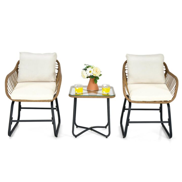 Hivvago 3-Piece Patio Bistro Set with 2 Rattan Chairs and Square Glass Coffee Table-White