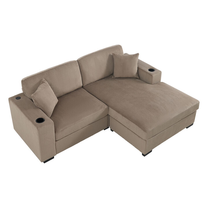 Merax Oversized Chaise Sectional with Corduroy Upholstery, Integrated Cup Holders & Charging Ports
