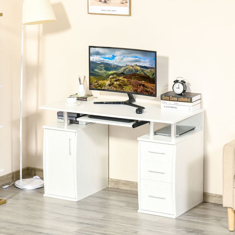 47" Computer Desk with Keyboard Tray and Storage Drawers, Home Office Workstation Table with Storage Shelves, White image number 2
