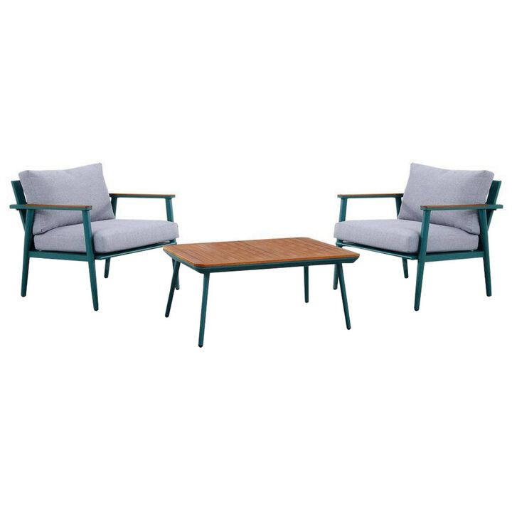 3 Piece Outdoor Coffee Table and Chairs Set, Wood Planks, Gray, Green - Benzara