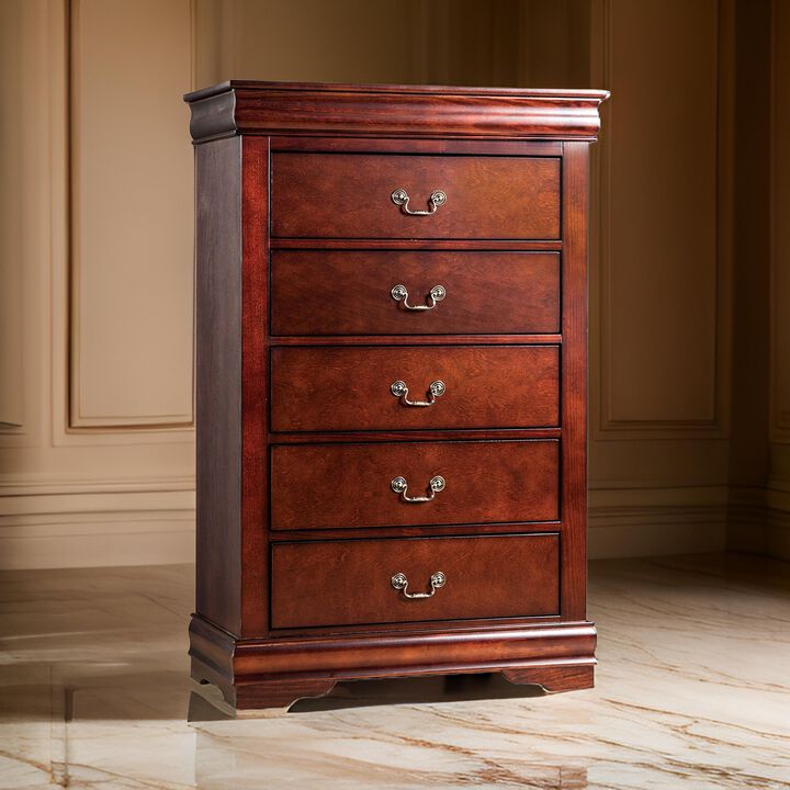 Ryla Tall Dresser Chest, 5 Drawers, Metal Handles, Cherry Brown Solid Wood - Benzara