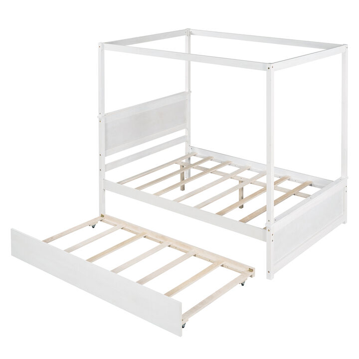 Merax Full Size Canopy Bed with Pull-out Trundle Bed