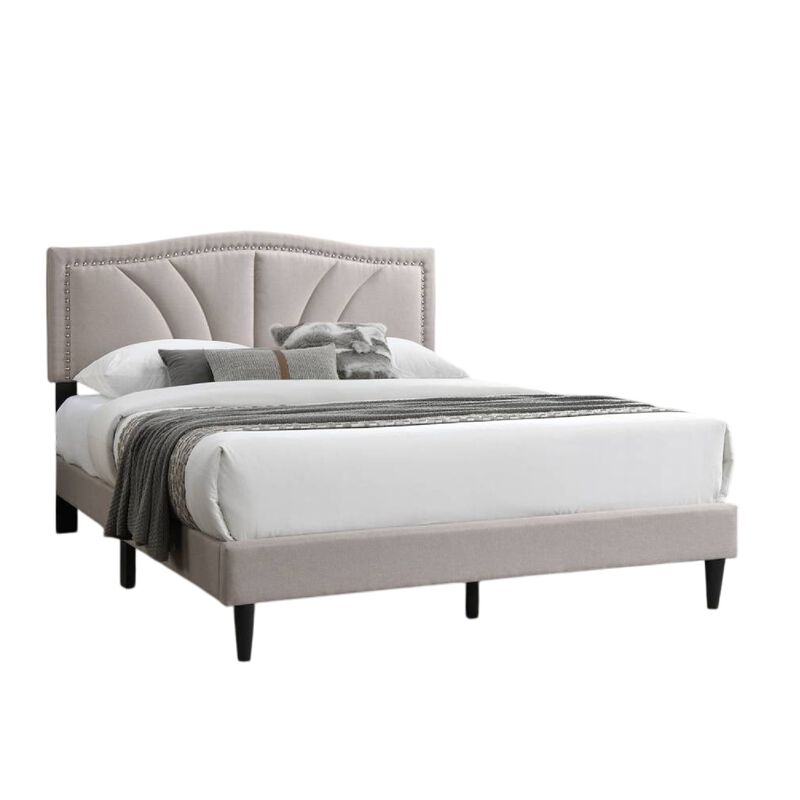 Reo Queen Size Bed, Light Brown Burlap Upholstered Curved Headboard - Benzara