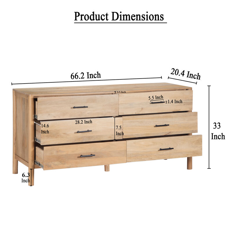 Geti 6 Drawers, 66 Inch Wide Dresser, Handcrafted Natural Oak White Mango Wood, Black Handles
