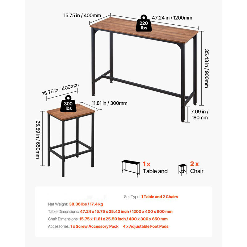 3PC 47" Bar Table Set with 2 Stools Rustic Brown & Black image number 2